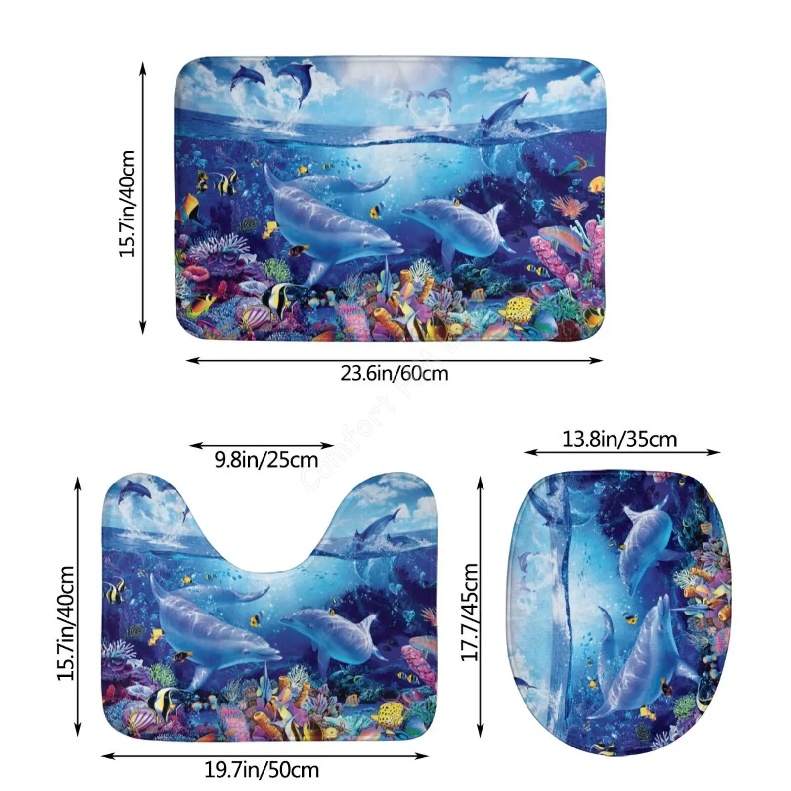 Dolphins Ocean 3 Pieces Toilet Cover Non Slip Mat Bath Rugs Toilet Seat Bath Rug Accessories for Bathroom Decor Bathroom Mat Set