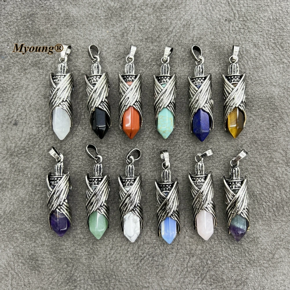 12PCS Vintage Natural Gems Stone Hexagonal Pendants Angel Wings Bullet Crystal Quartz Pendant MY230868