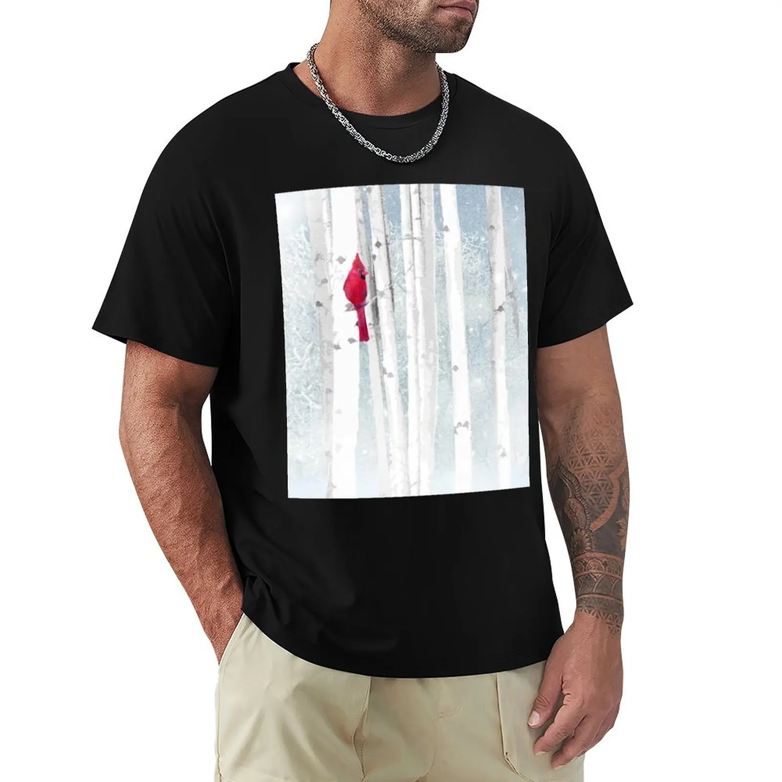 

Watercolor Red Cardinal Bird Winter Birch Forest T-Shirt graphic t shirts luxury designer tops t shirts for men pack