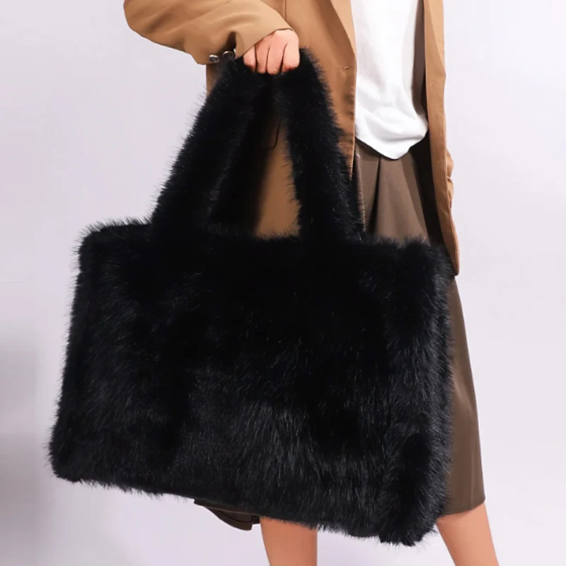 

Fashion Women's Furry Tote Handbags Large Capacity Commuter Ladies Faux Fur Shoulder Bag Soft Plush Female Crossbody Bags