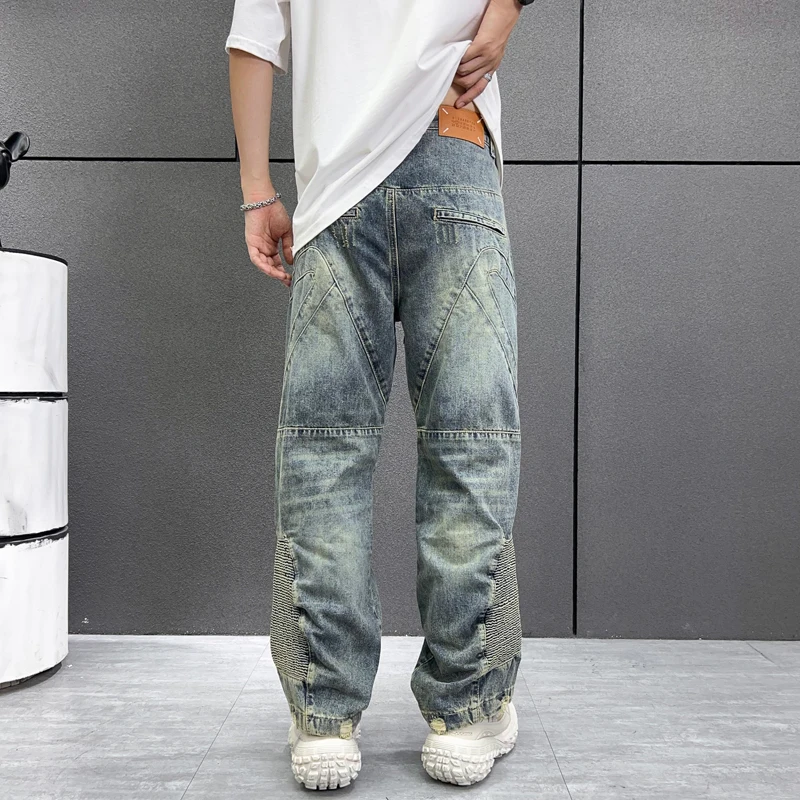 Personalized fashion 3D printing pattern Street beat high-end retro hole men's jeans openwork zipper casual pants wide-legged