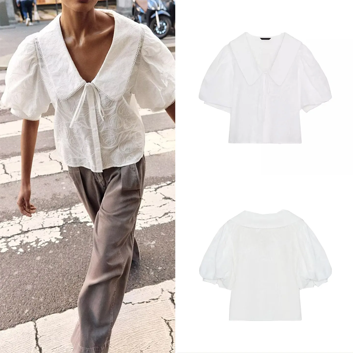 

Fashionable Simple Short Sleeve Turn-down Collar Shirt Women's Casual Style Loose Fit Bubble Sleeve Other Material 100% Sprin...