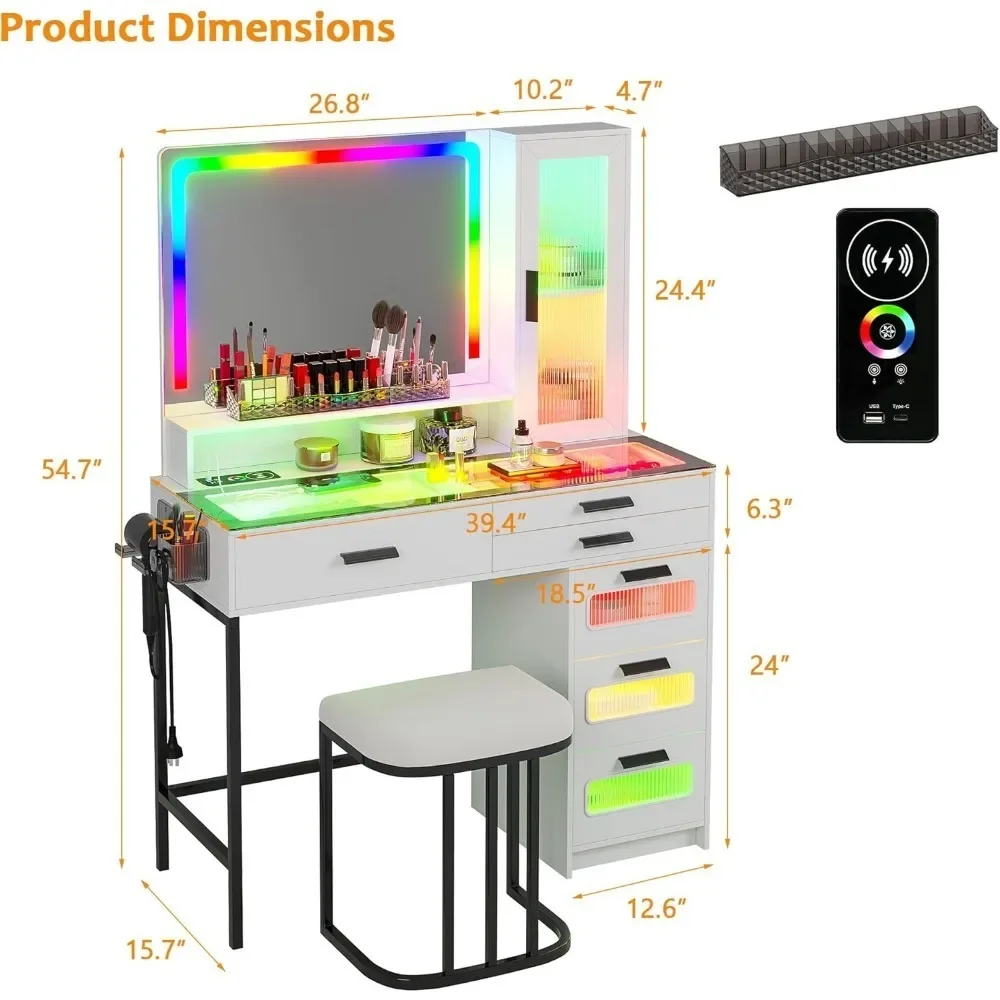 Vanity Desk Set with Mirror and RGB LED Lights, Makeup Vanity with Charge & Stool, 39.5