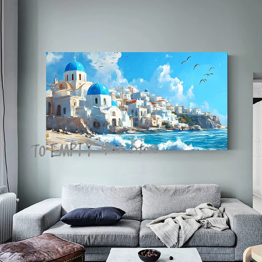عرض ساحلي للبحر منظر طبيعي جميل ملصق كبير الحجم جدار ديكور سانتوريني ساحلي قماش يطبع جمالي جدار الفن الديكور #3