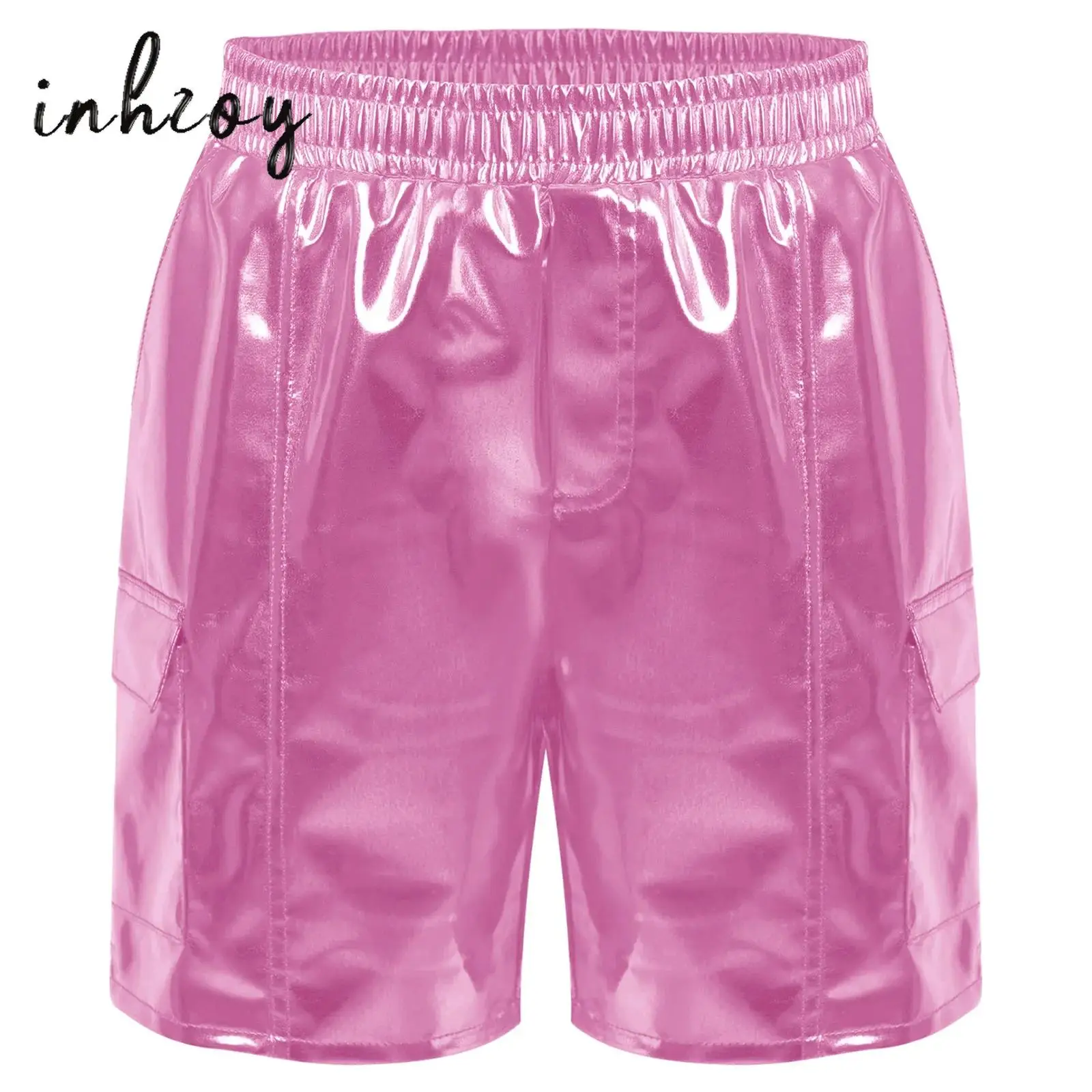 

Kids Girls Stylish Elastic Waistband Metallic Cargo Shorts Hip-Hop Jazz Dance Stage Performance Costume Jazz Dancewear