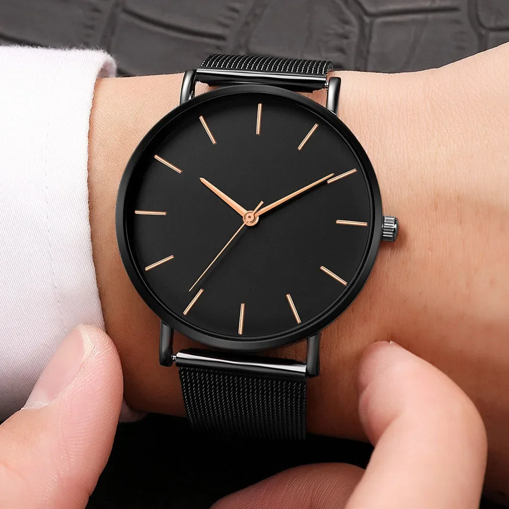 1-piece set of European and American simple and fashionable men's watch, men's watch, mesh belt, steel strip, quartz watch
