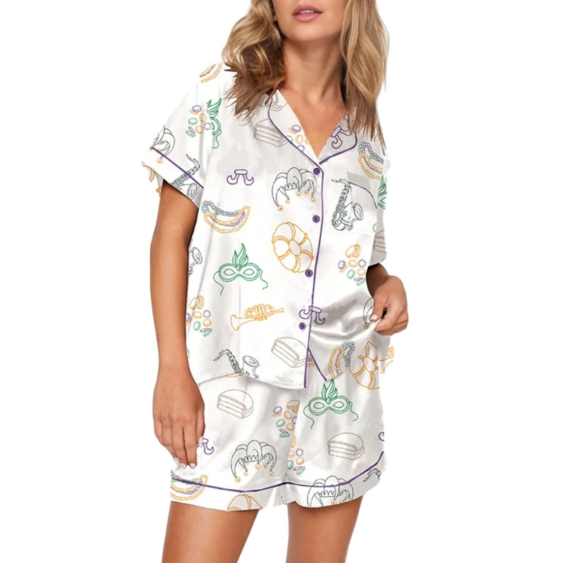 Cute Print Loungewear Short Sleeves Button T-Shirt Blouse and Elastic Shorts Comfy Soft Sleepwear Women 2 Piece Pajama Set