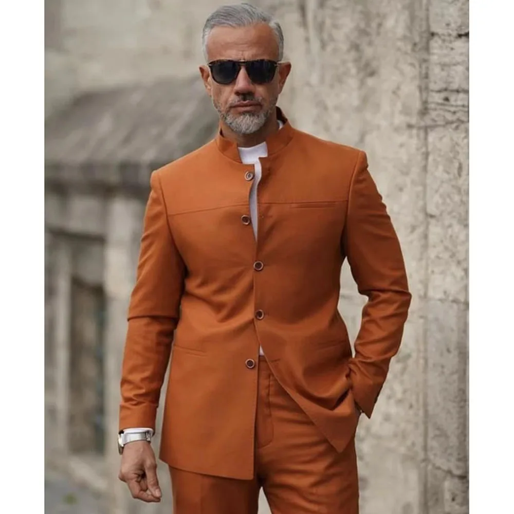 2023 New Fashion Wedding Orange Stand Collar Suits For Men Business Casual Formal Costume Homme Slim Fit 2 Pcs Set Jacket Pants