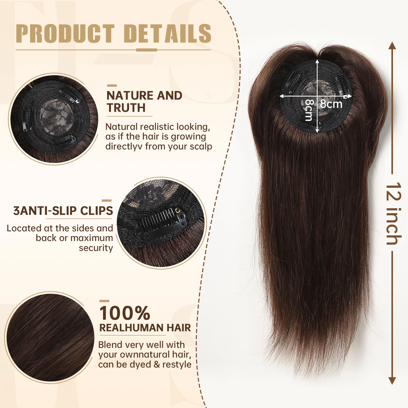 12 Inch Human Hair Toppers with Bangs Brown Hair Pieces for Women Silk Base 3 Clips In Topper for Thinning Hair Loss Cover