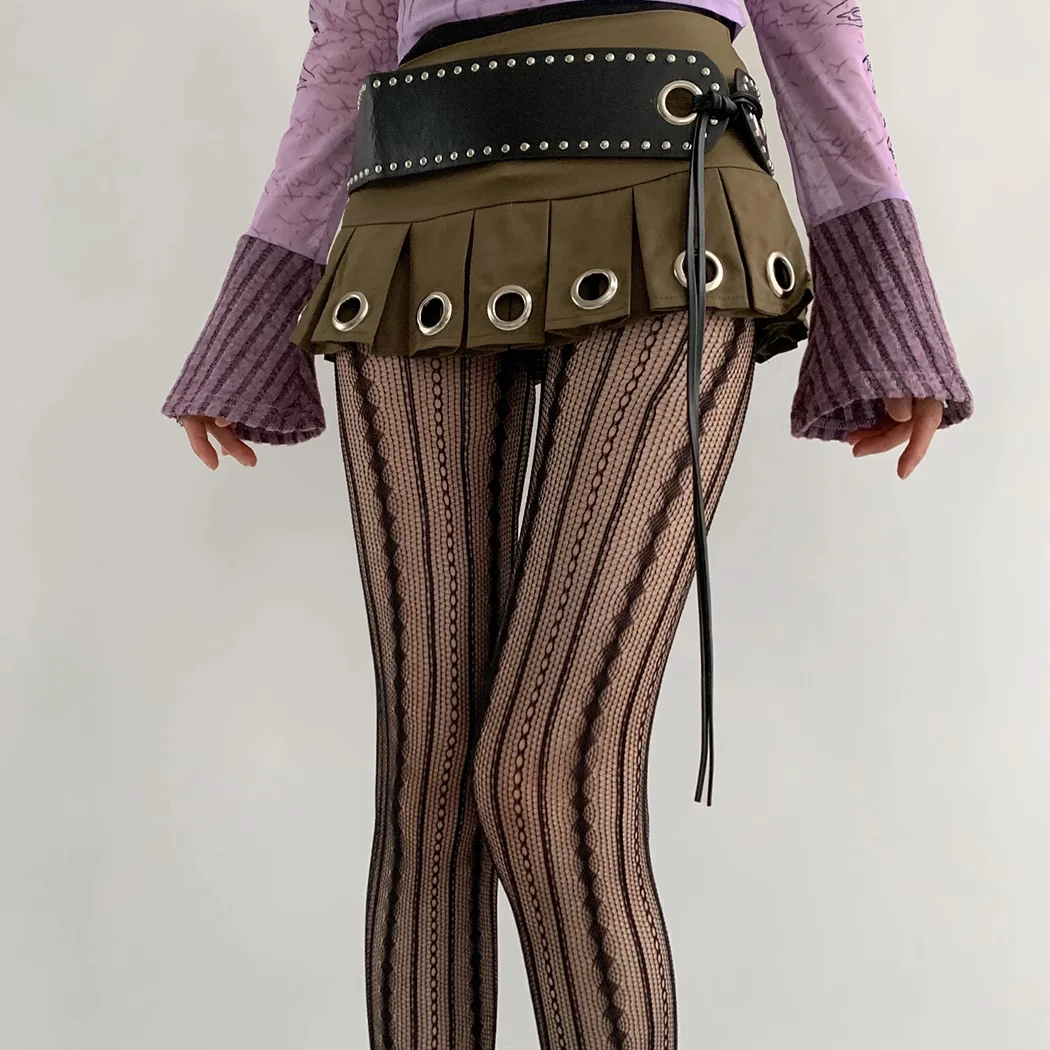 Damen-Netzstrumpfhose mit Kettenmuster, Schwarz, Sexy Durchsichtig, Jacquard, Amerikanischer Retro-Stil, Atmungsaktive Spitzen-Netzstrumpfhose