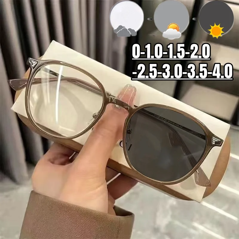 

Fashion Ladies Photochromic Myopia Glasses Unisex Women Men Minus Diopter Eyeglasses Trendy Round Near Sight Sunglasses0-1.0-4.0