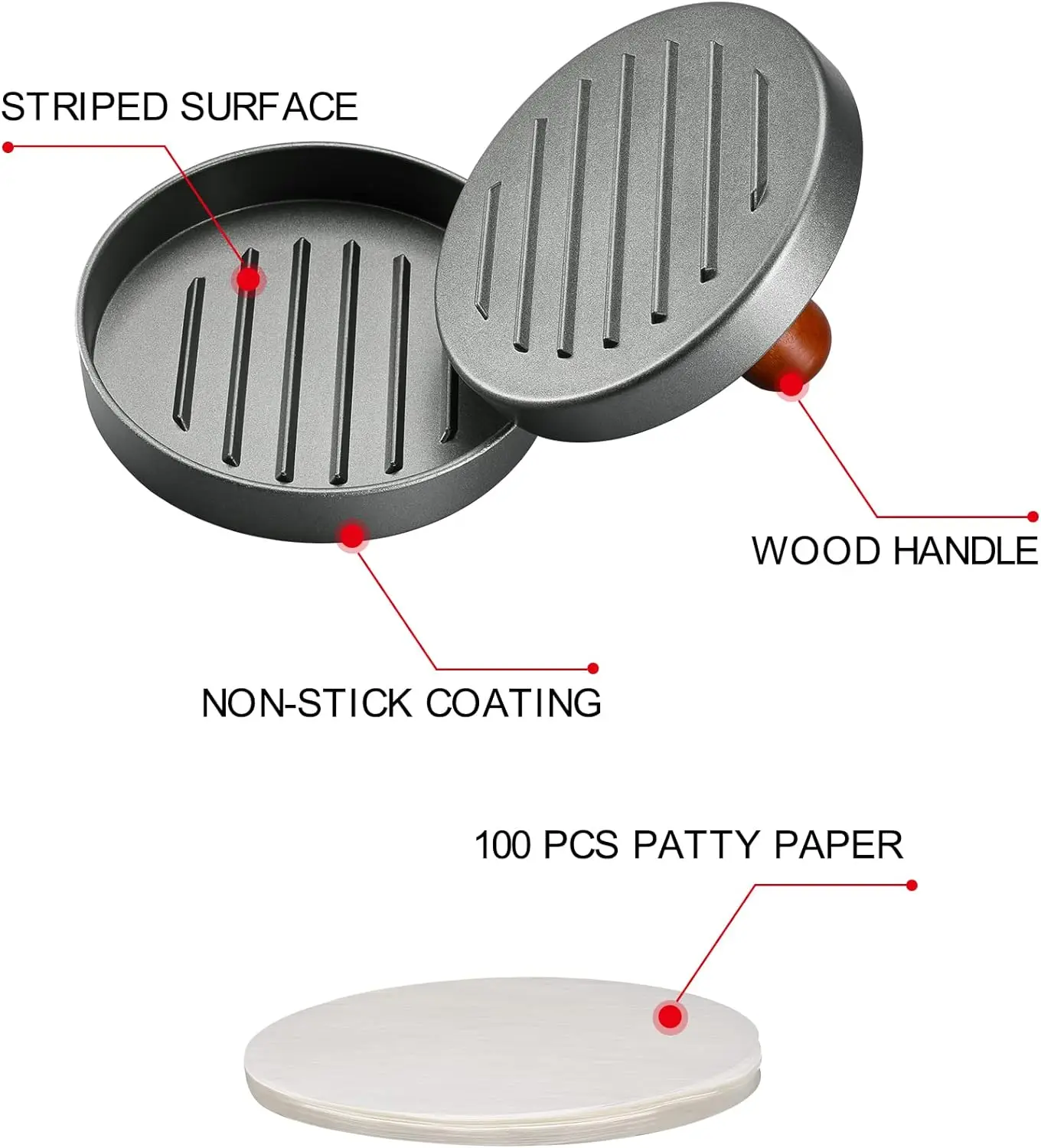 Burger Press Patty Maker Stainless Steel Hamburger Patty Press Mold Wood Handle Non-Stick with 100 Patty Papers