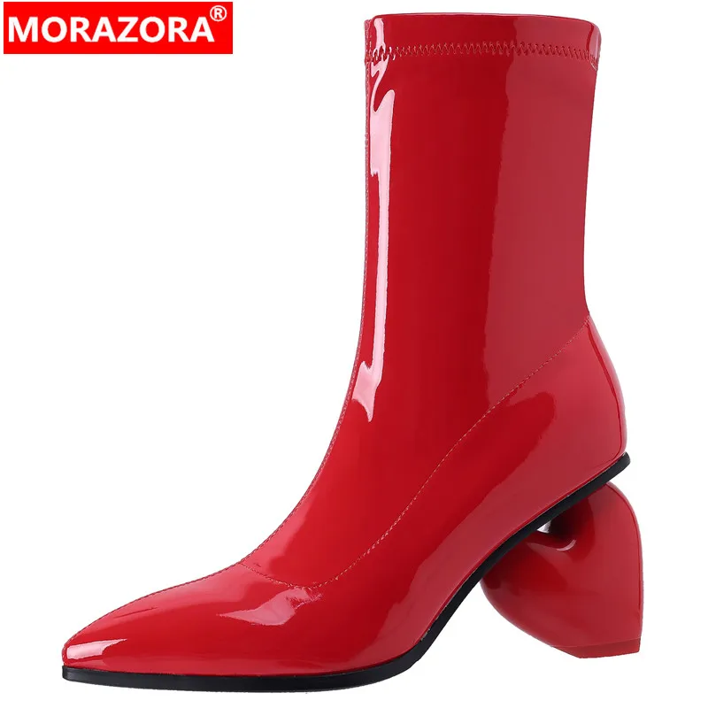 

MORAZORA 2024 New Zipper Ankle Autumn Winter Boots Ladies Patent Leather Women Boots Strange Style High Heels Shoes