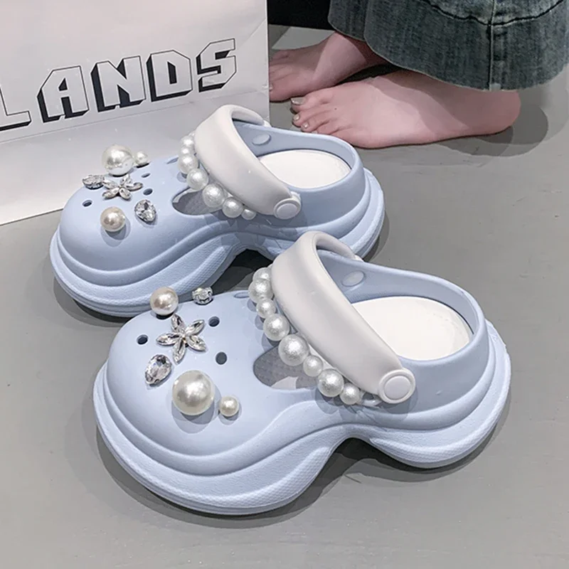 

Милые массивные сандалии с жемчужной цепочкой, женские модные сабо на платформе «сделай сам», Eva, женские уличные нескользящие сандалии с мягкой подошвой, женские