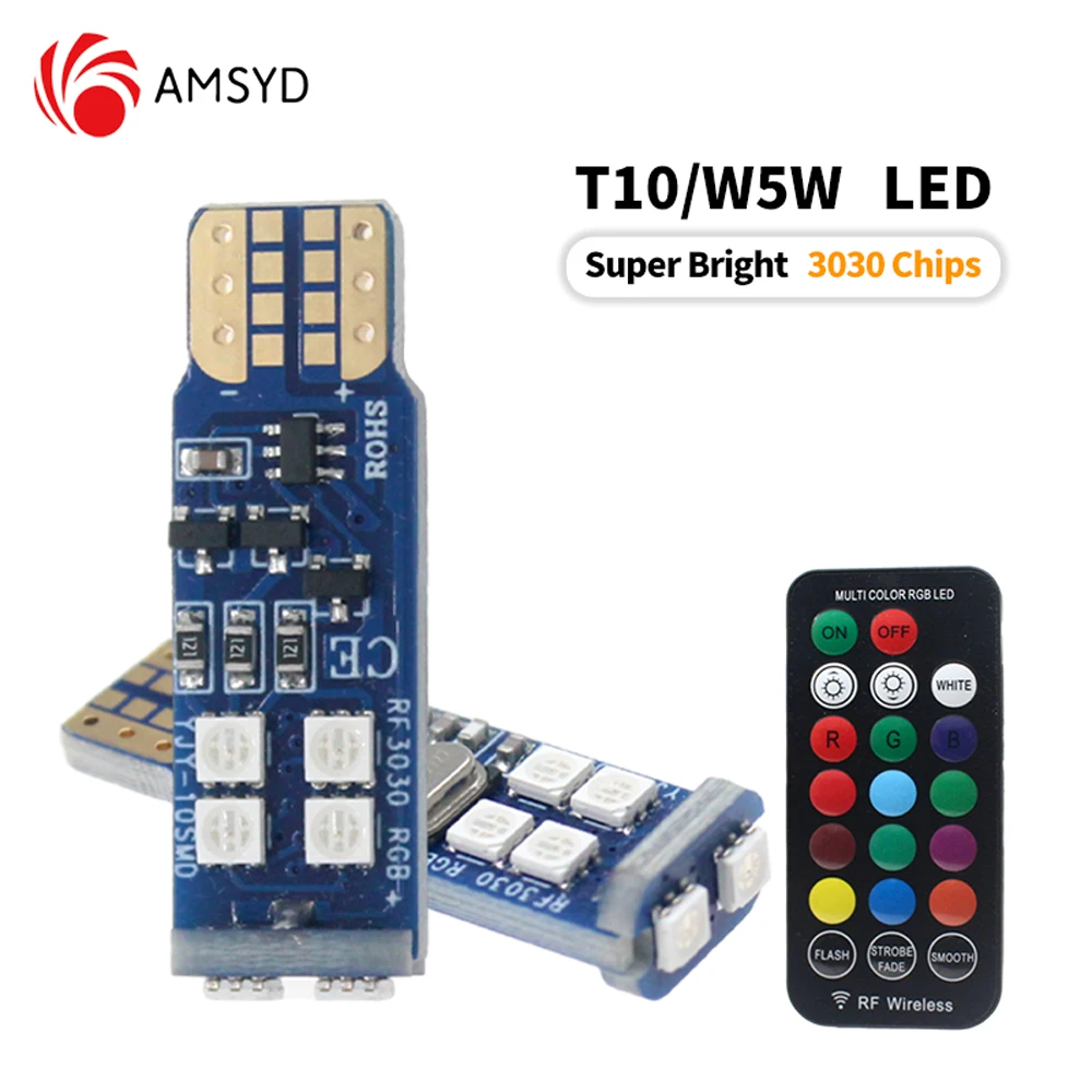 10 Sets W5W T10 LED Bulbs 12 Colors remotely controlled 3030 10SMD 12V 6000K Car Map Dome Lights Parking Light Auto Signal Lamp