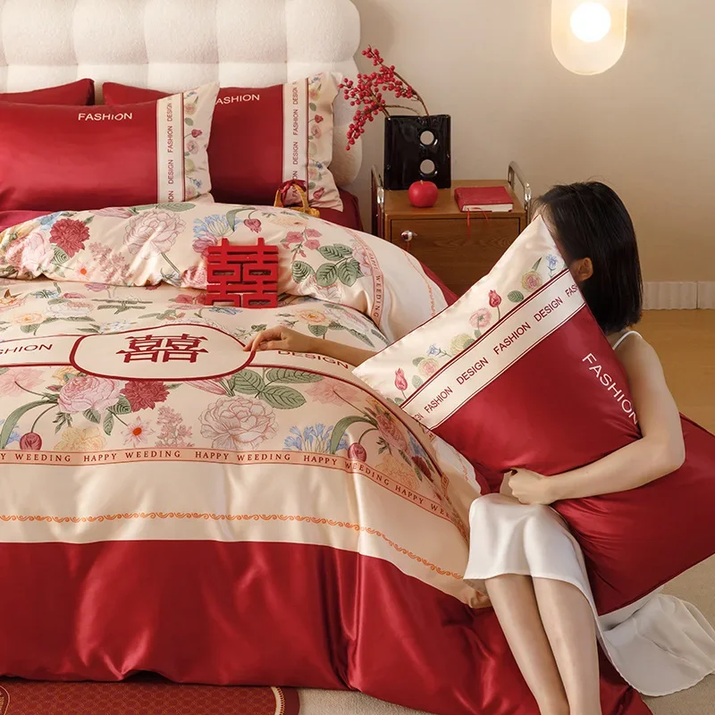 

Light luxury wedding four piece set with Chinese printed high-end red duvet cover, festive wedding bedding for dowry