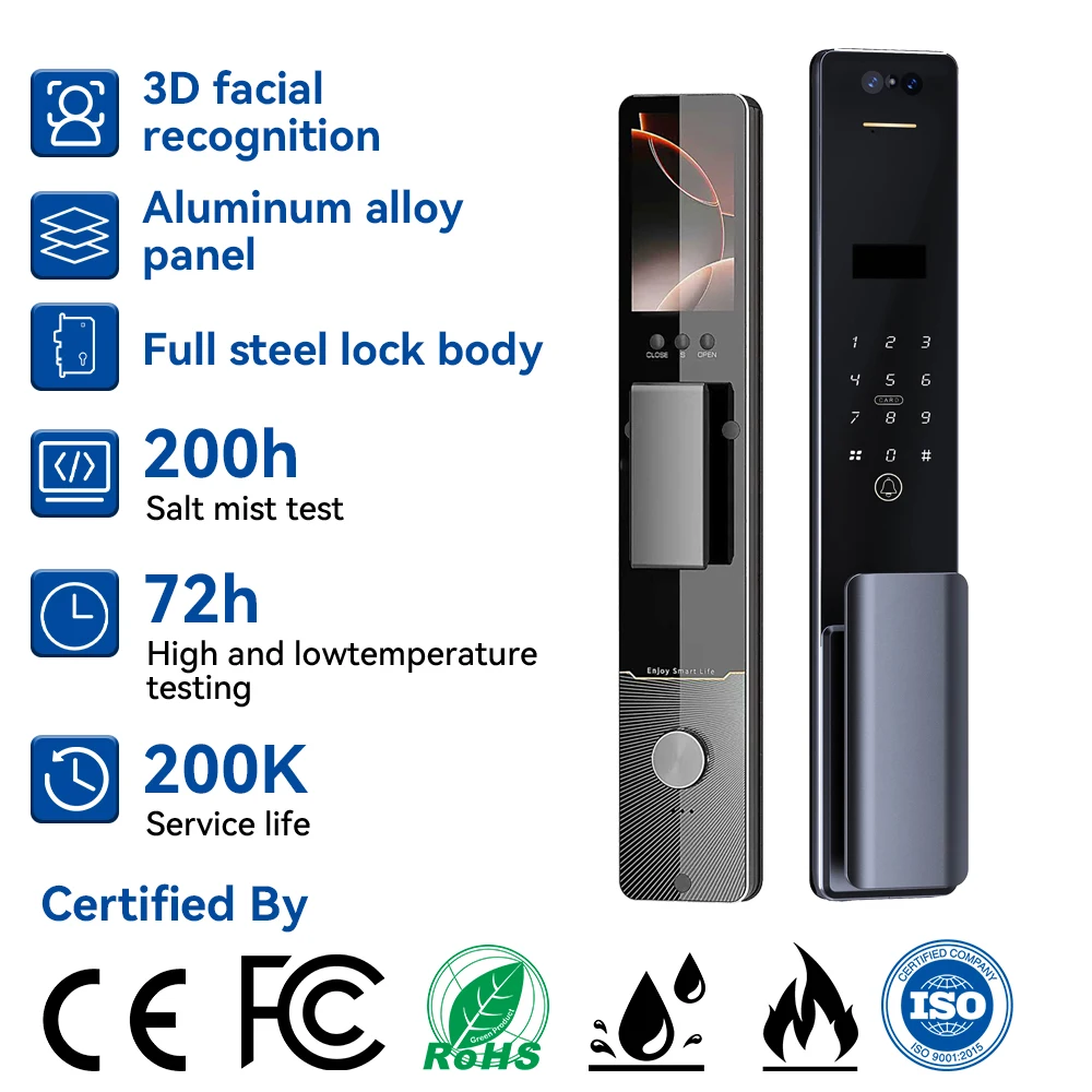 3D Face Palm Vein Aluminum Alloy Door Lock With Fingerprint Key Card Tuya App & WiFi Remote Control Smart Home Camera OEM/ODM