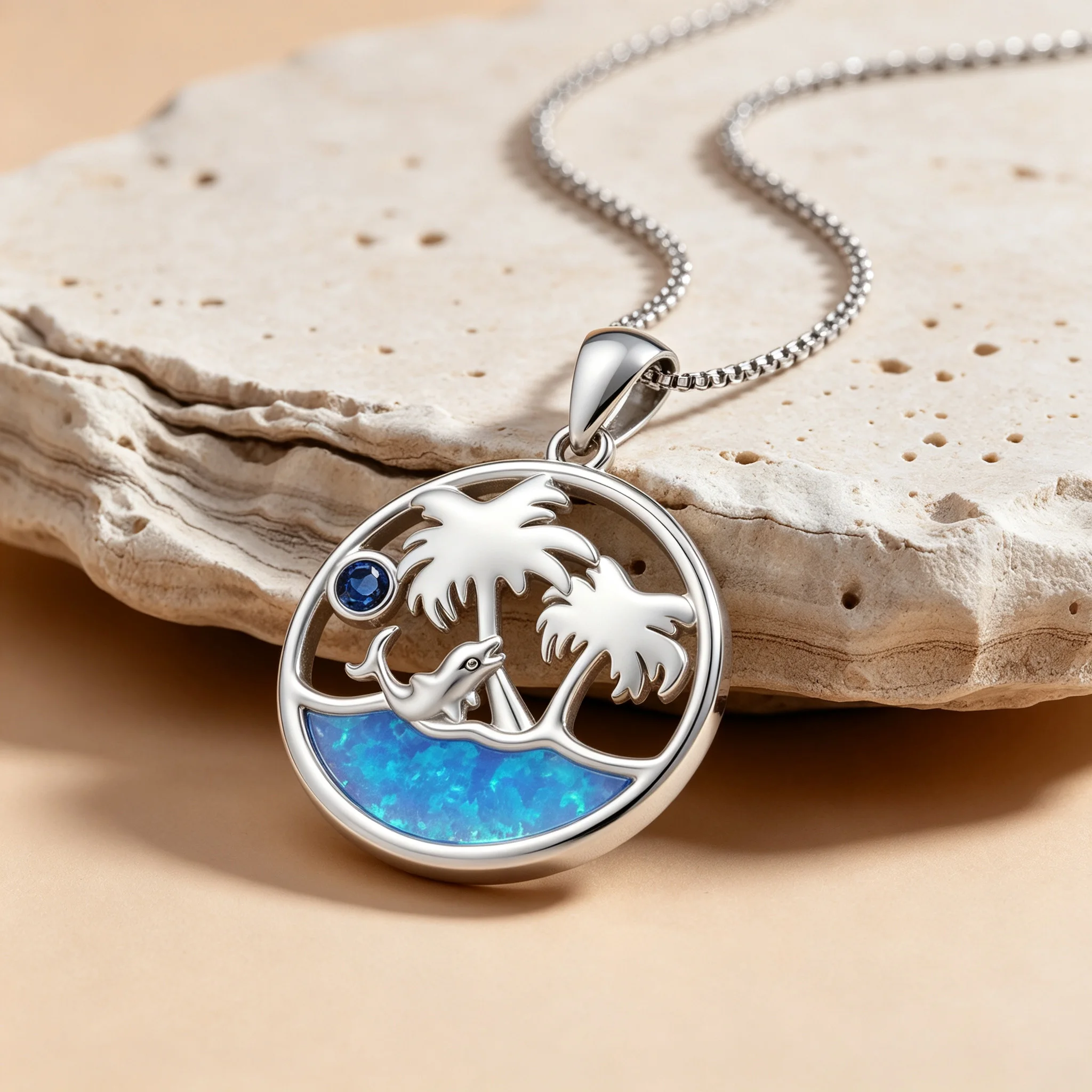Round Hollow Island Scene Dolphin Palm Tree Blue Opal Pendant Necklace for Women Boho Chic Ocean Beach Charm Neck Jewelry Daily