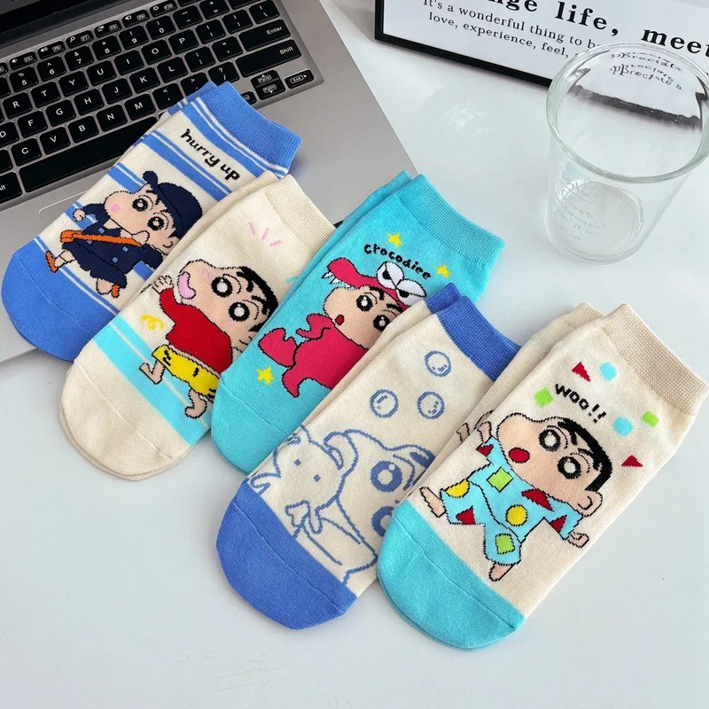 

5Pairs Cartoon Crayon Shin-chan Invisible Socks Cotton Summer Thin Socks For Women Sweat Absorbing Odor Preventing Low Top Men