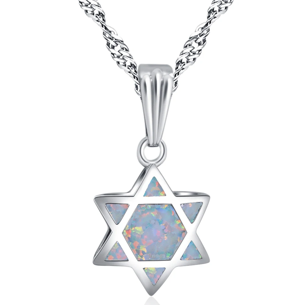 Double-side Jewish Jewelry Star of David Blue & White Opal Pendant Necklace