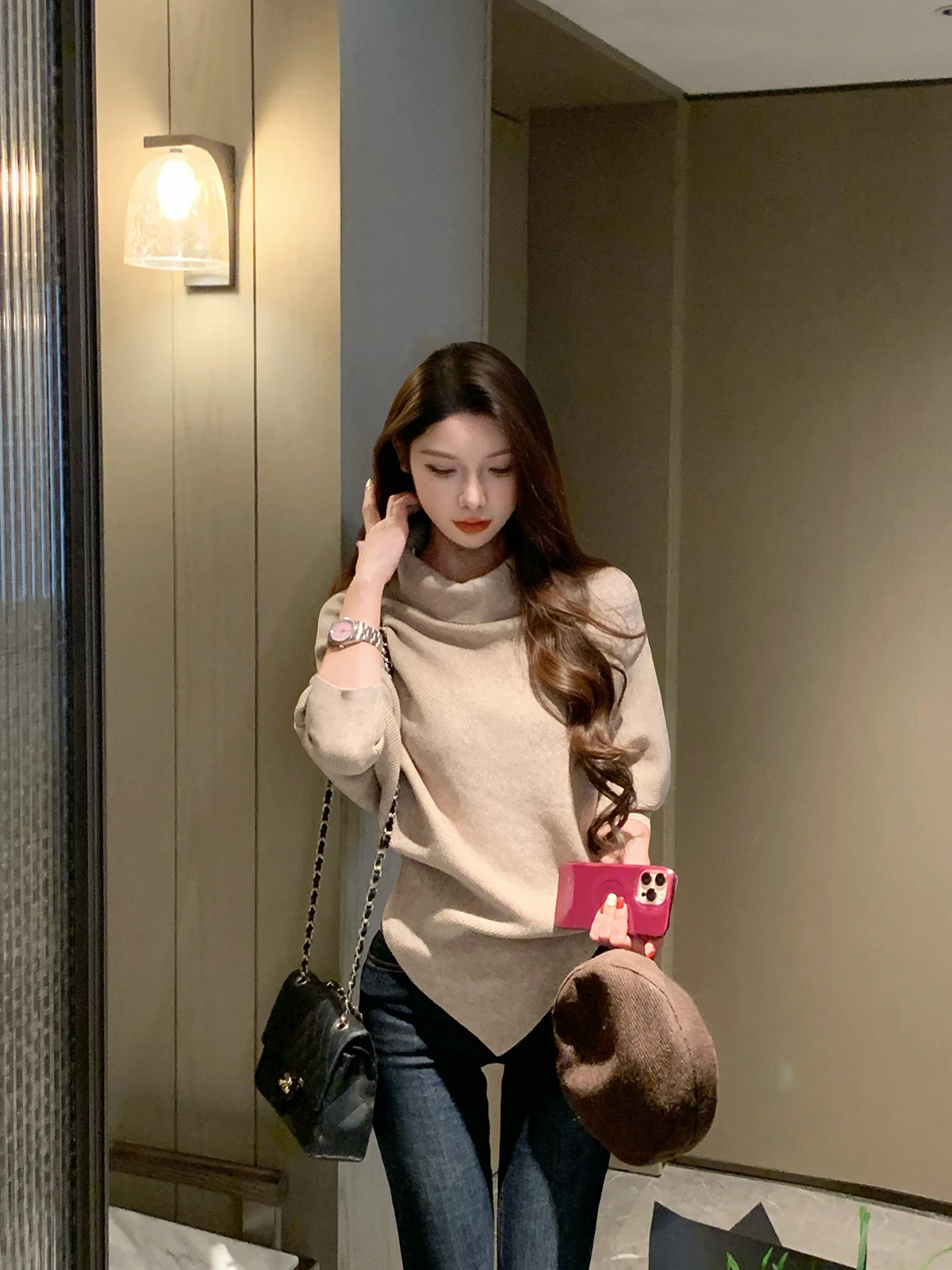 

JustQin Berlin Love 2025 Autumn Winter New Stand Collar Knitted Sweater Hooded Batwoman Women's Faion Long Sve Regular L...