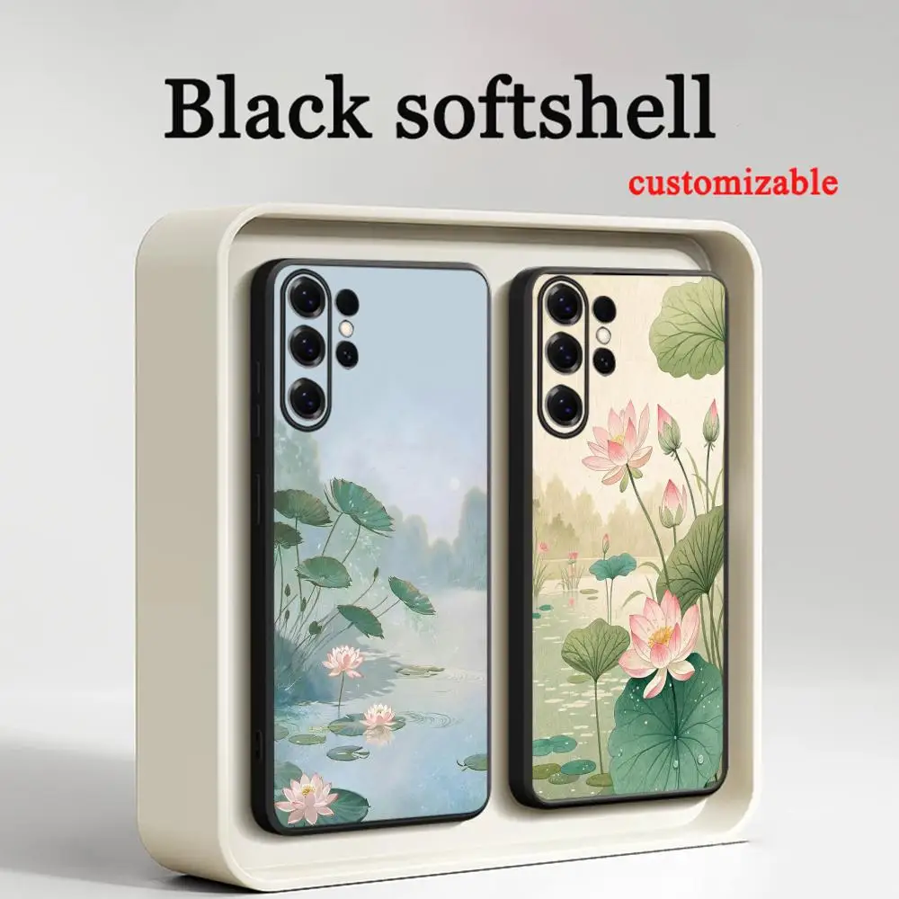 Lotus Chinese painting art ink  Phone Case For Samsung Galaxy S26 S25 S24 S23 S22 S21 Plus Ultra Note20 Soft Black