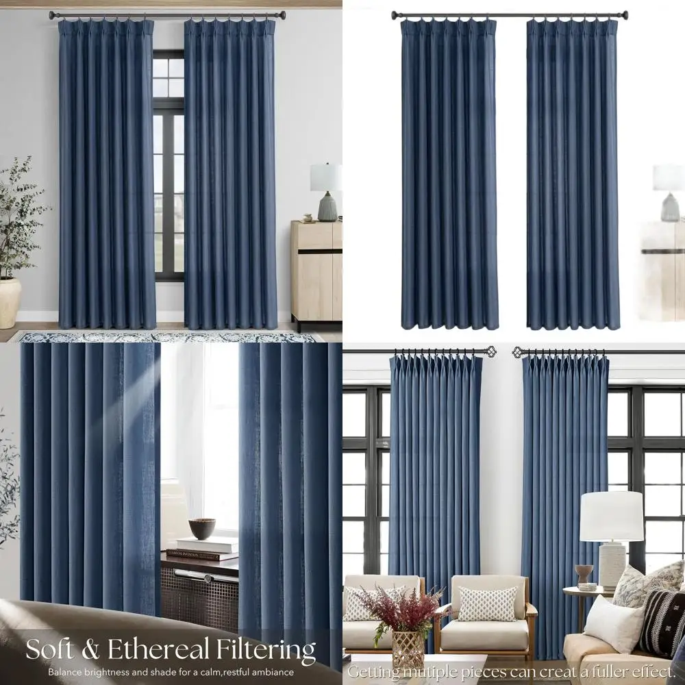 Rideaux en lin plissés bleu marine, longueur 84, ensemble de 2 panneaux pour le salon, filtrage de la lumière, semi-transparent, avec crochets, adaptés