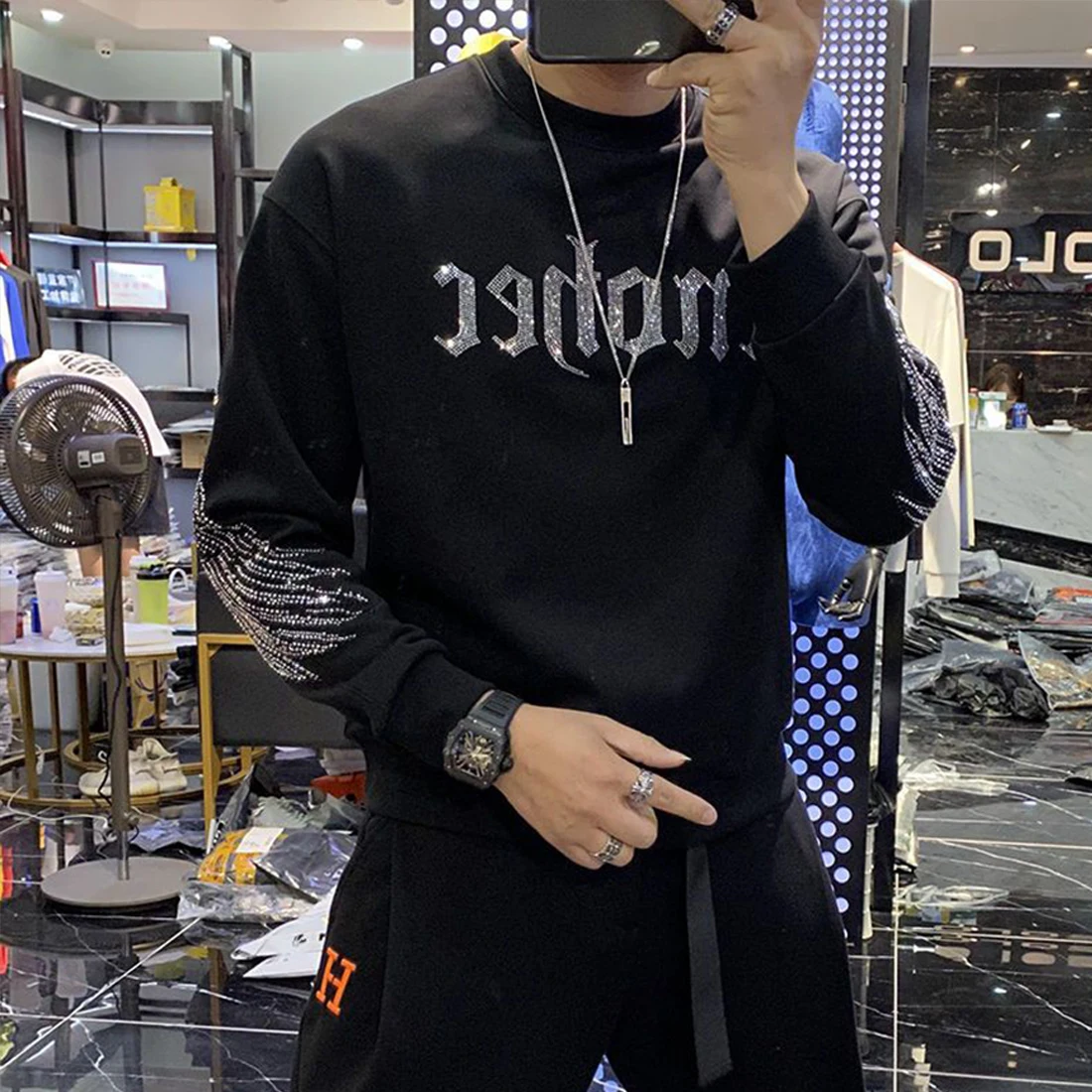 

Men's Diamonds Hoodie Winter Fashion Personalize Double Wings Design Luxury Homme Sweater Thickened Warm Man Clothes Party Tops