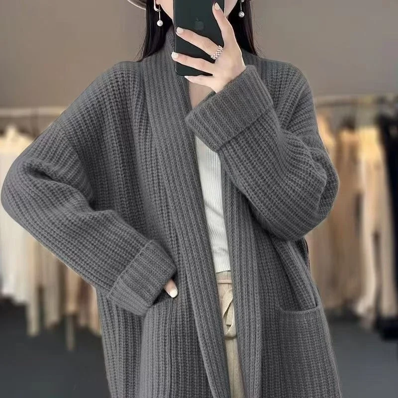 Women Chunky Knit Cardigan Mid Length Loose Sweater Jacket Fall Winter Outerwear
