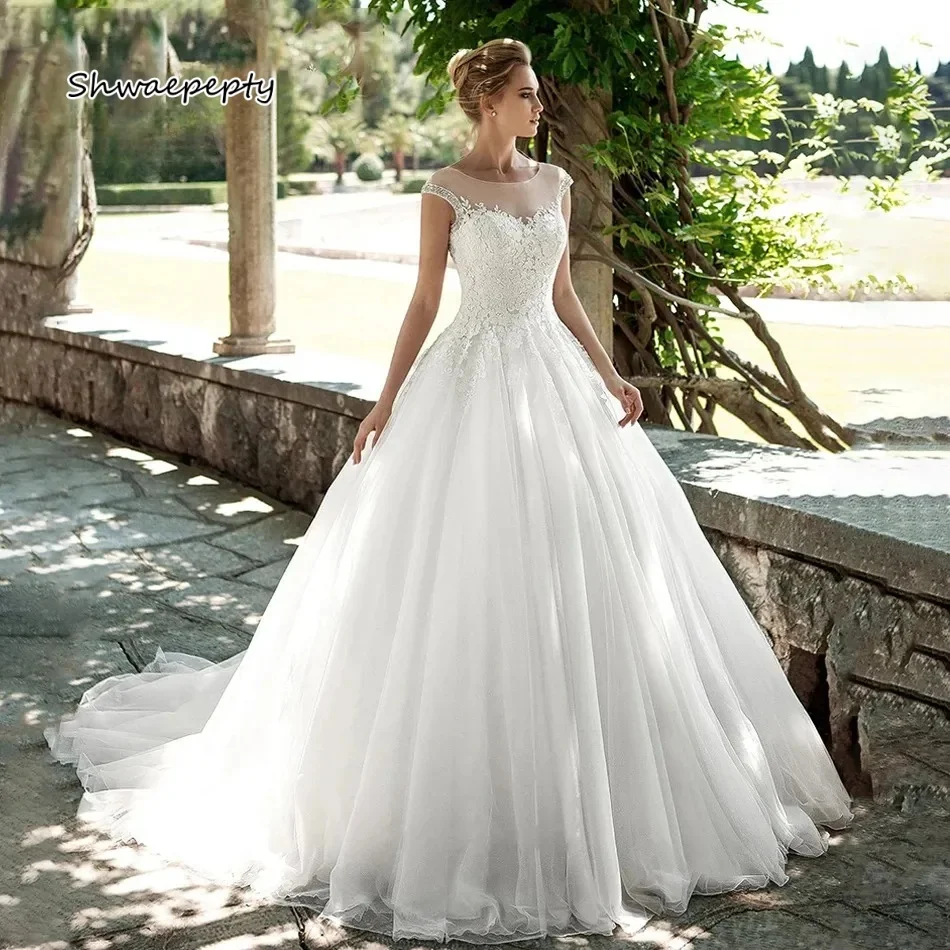

Elegant Tulle Wedding Dress Open Back Beaded Ivory Long Bridal Gown Lace Appliues Sleeveless Customized Vestidos De Novia
