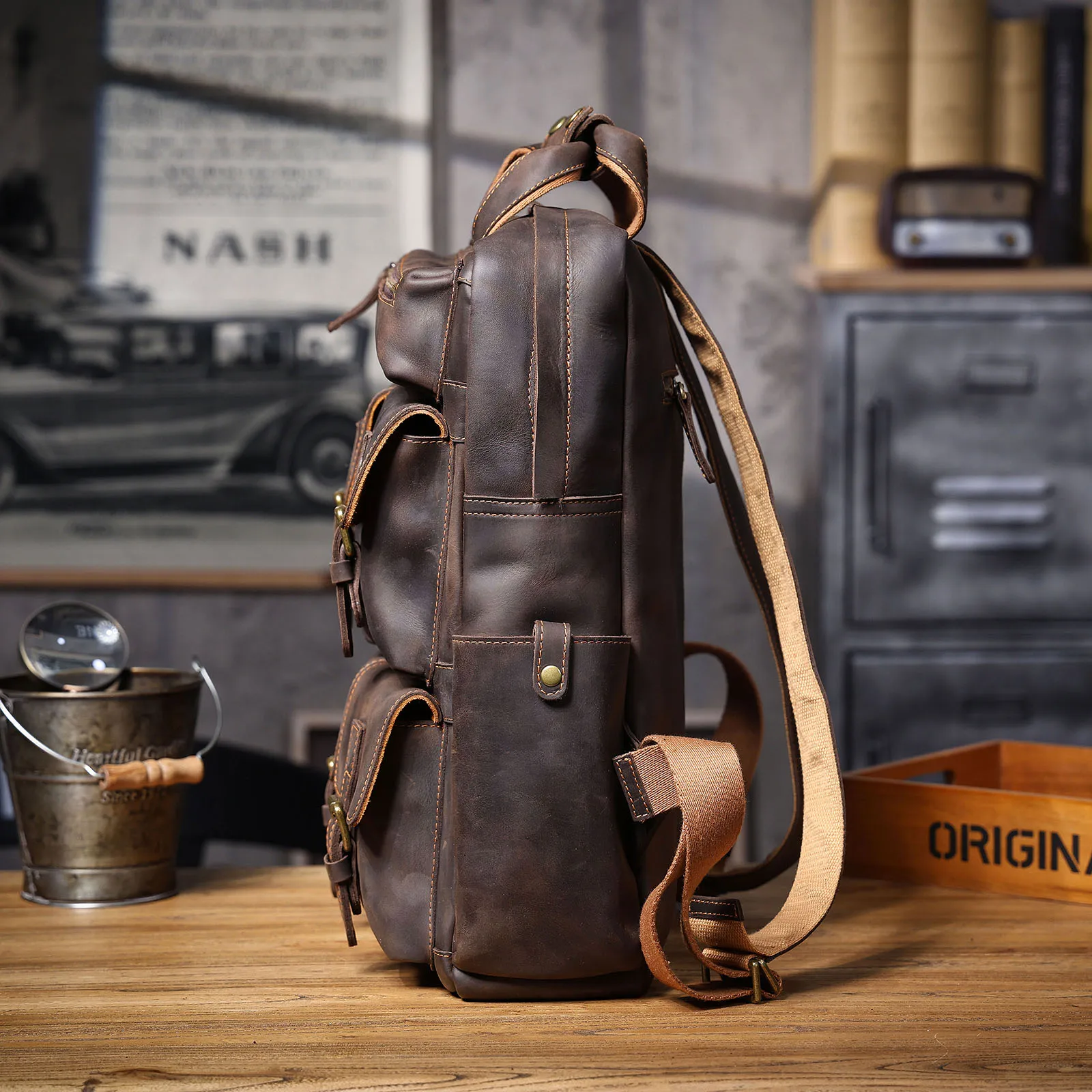 S.WORKER Vintage Echtleder-Rucksack 16 Zoll Laptop-Tasche Lässige Crazy-Horse-Leder Schultasche Outdoor-Reise-Weekender-Tasche – Detail 10