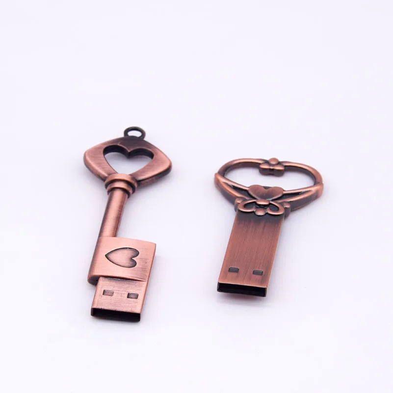 copper love heart shaped key usb flash drive pendrive pen drive 4gb 8GB 16gb 32gb 64GB metal keys memory Stick wedding gift