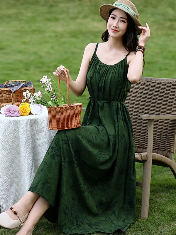 

n Long Svel Cotton Silk Dr Loose Summer Beach Dr Floral Skirt Wide Hemline One oulder Faionable Midi D...