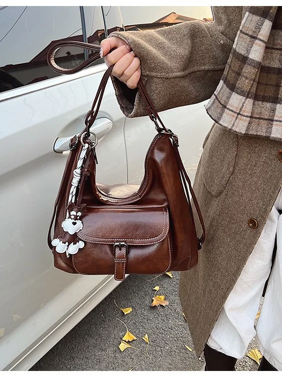 Ladies Vintage Waxed Faux Leather Convertible Hobo Bag Cute Dog Ornament  Shoulder Backpack Casual Daily Handbag