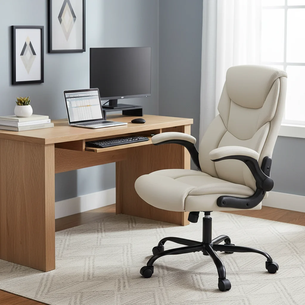 كرسي مكتب تنفيذي مريح من جلد البولي يوريثان، كرسي مكتب كمبيوتر دوار مع دعم قطني، أذرع قابلة للطي قابلة للتعديل، أبيض