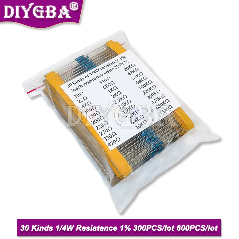 600PCS/Set 30Kinds 1/4W Resistance 1% Metal Film Resistor Pack Assorted Kit 1K 10K 100K 220ohm 1M Resistors (300Pcs 600Pcs)Set