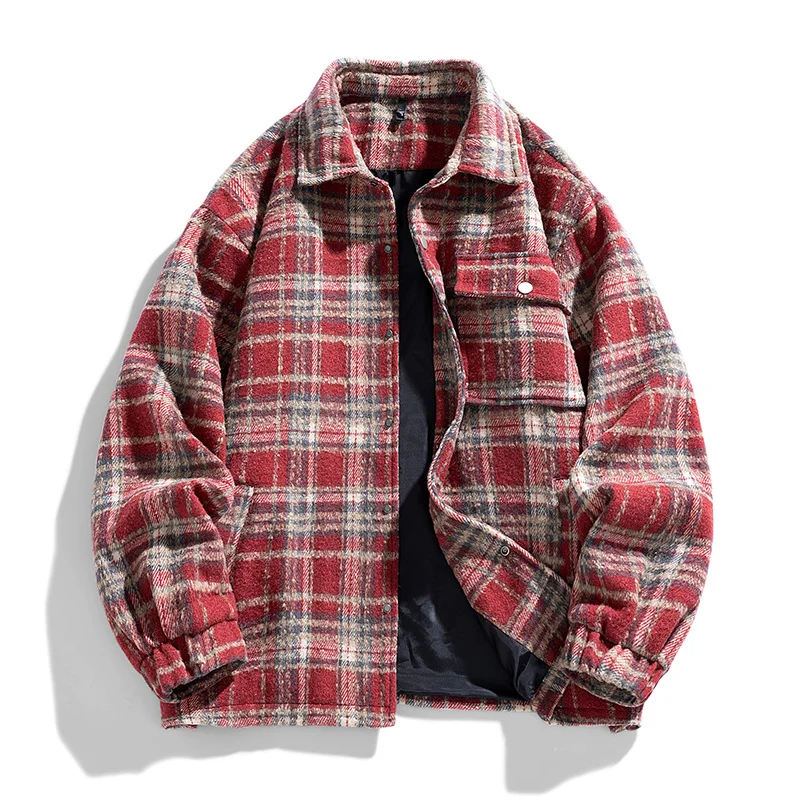 

Casual Plaid Long Sve irt Jaet for Men Loose Fit Spring Autumn New Sle Turn-down Collar Windproof Polyester Fiber