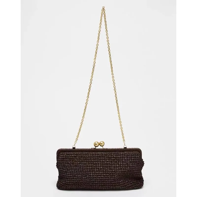 

Coffee Elongated Woven Clutch Bags For Women Removable Chain Crossbody Strap Interior Zip Pocket Metallic Detail On The Closure