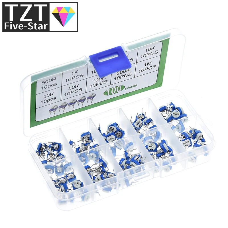 Imagem -05 - Carbon Film Horizontal Trimpot Potenciômetro Variedade Kit 10 Valores Resistor Variável 500r1m Rm065 100 Pcs por Caixa