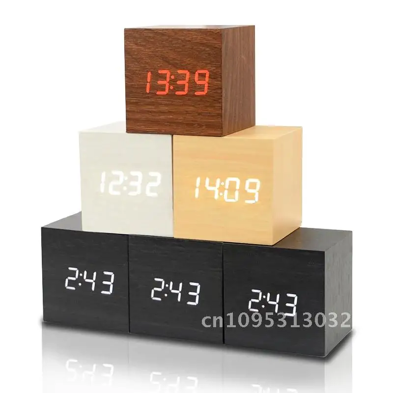 

Wooden Digital Clock Multi-function LED Alarm Clock with Time/ Office Home Voice Trave Date/ and for Control Temperature Display