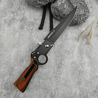 AK47 Black Assisted Folding Knife with Clip Point Blade Wood Handle Nylon Sheath Mini Flashlight for Camping Hiking Hunting EDC
