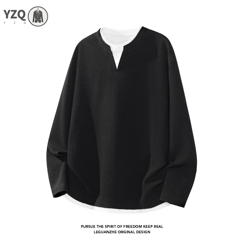 Oversized Fake Two Piece Long Sleeve Top For Males Notch Neck Waffle Knit Texture Trendy Street Casual Apparel