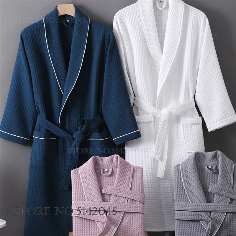 

100% Cotton Waffle Couple Robe Sleepwear Elegant Solid Kimono Bathrobe Gown Loose Casual Adult Homewear Nightwear Lounge Wear