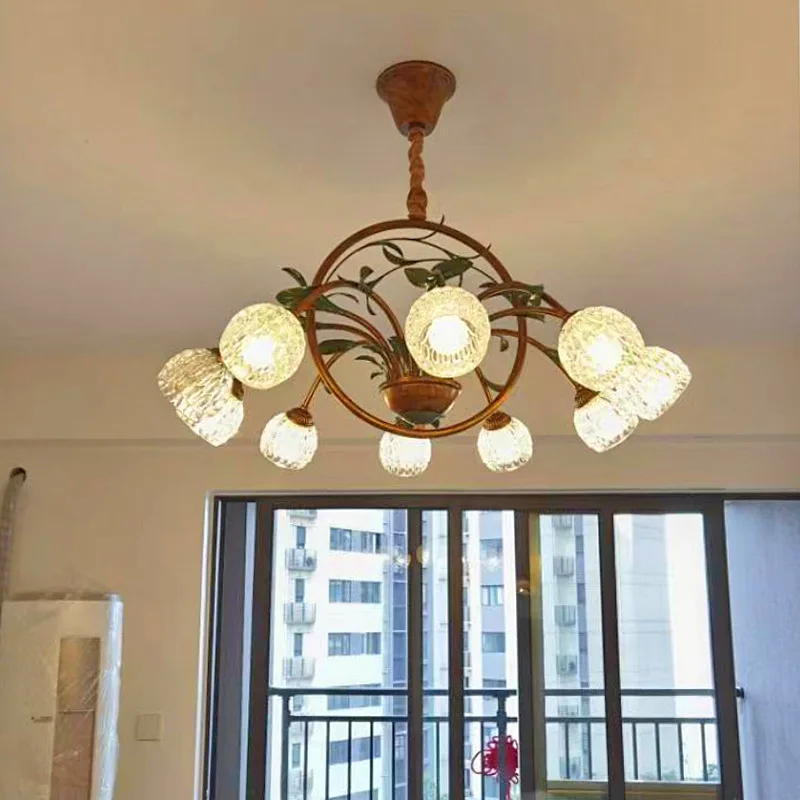 Nordic Green Vintage Villa Main Hotel Decoration Pendant Lamp French Pastoral Small Fresh Style Flower Glass Bedroom Chandelier