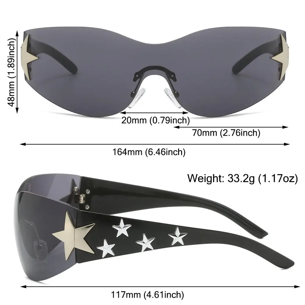 Rimless Sunglasses with Star Designs Y2K Wrap Around Eyeglasses Punk Goggles Sun Glasses Shades Motorcycle Driving Eyewear