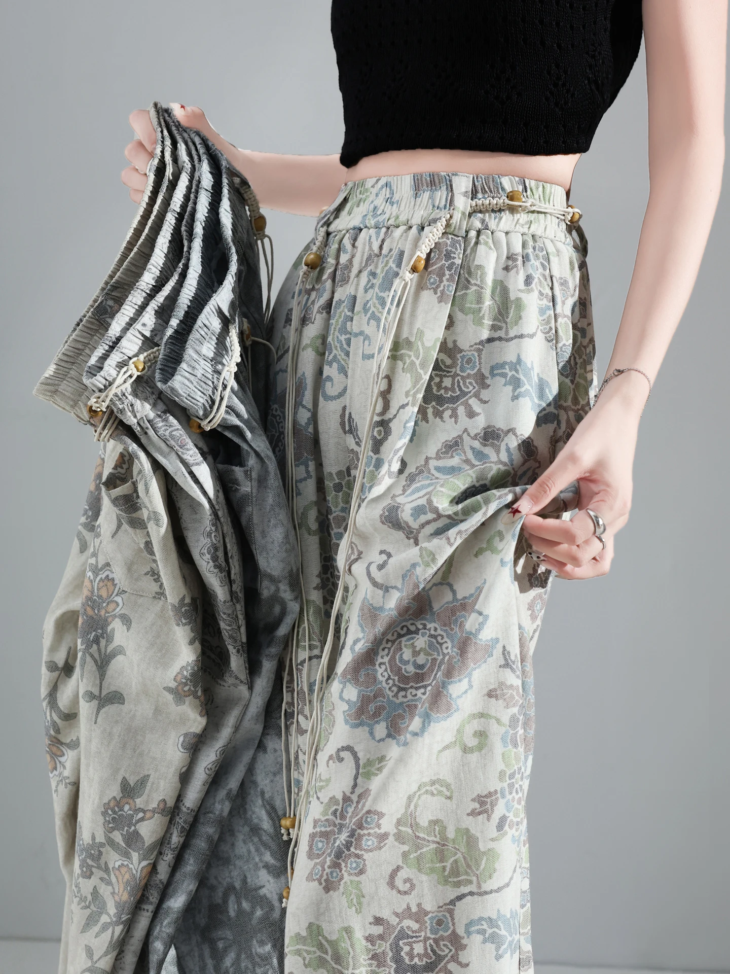 

High Waist Wide Leg Pants Women Summer Thin Cotton Linen Print Casual Pants Slimming Loose Fit Floor Length Drapey Trousers