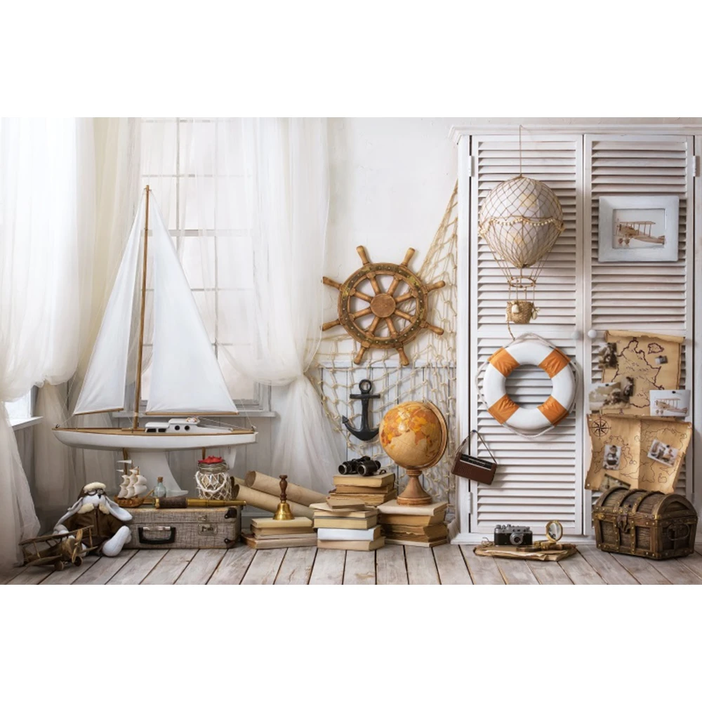 Nautical Starfish Sea Theme Birthday Backdrop Photography Baby Shower Sailboat Rudder Wooden Board Background Decor Photo Studio