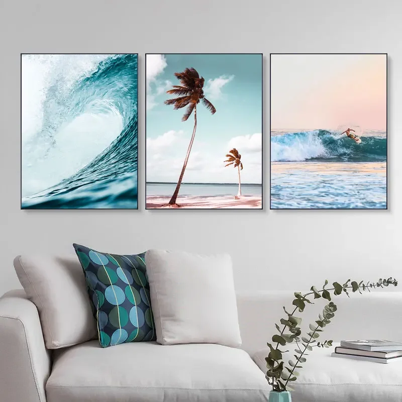 Seasacape Sunset Canvas Painting Coastal Wall Art Surfing Print Ocean Waves Poster Nature Scenery Wall Pictures for Living Room