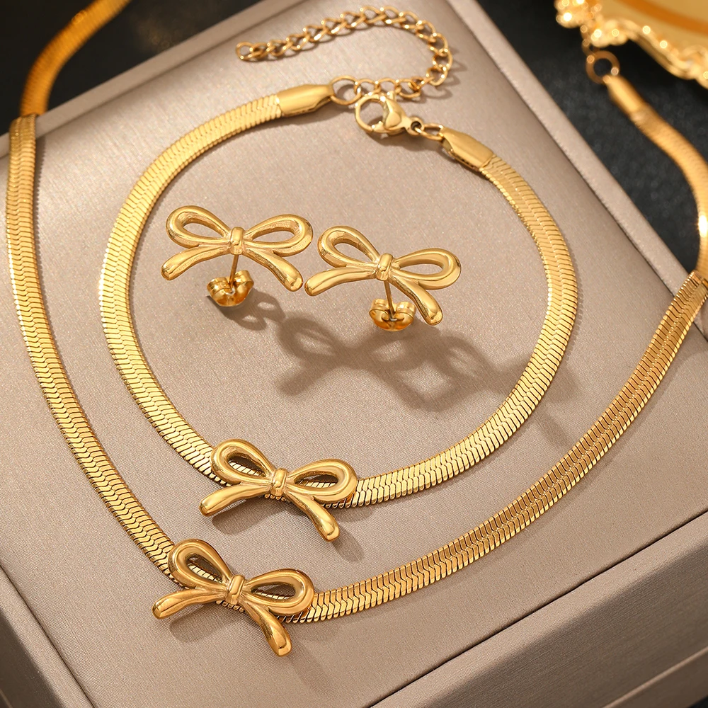 woiwoi Stainless Steel Jewelry Set Blade Chain Bow Design Bracelet Necklace Earrings 3 Piece Jewelry Set For Women Jewelry Gifts