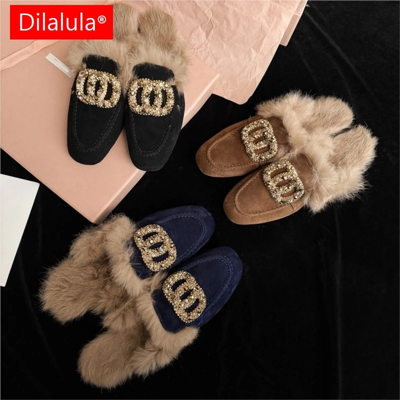 

Dilalula 2025 Fashion Kid Suede Winter Mules Women Covered Toe Natural Rabbit Fur Inside Slippers Young Lady Crystal Dec Mules